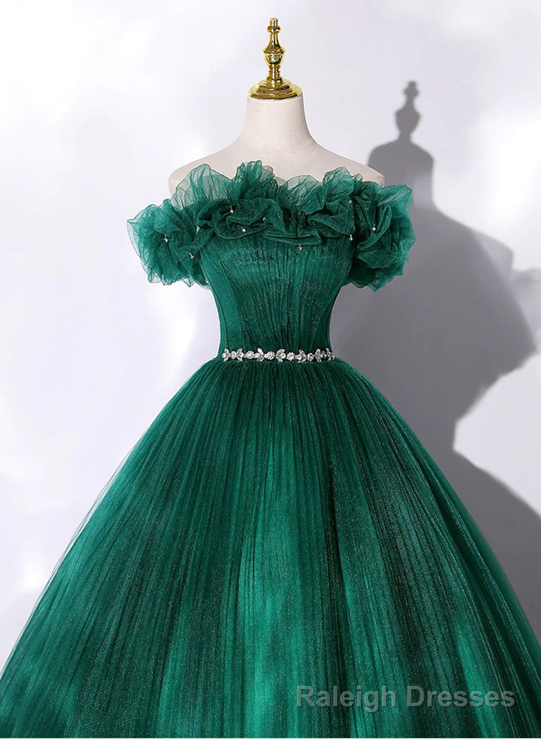 Green Tulle Beaded Waist Ball Gown Sweet 16 Dress, Off Shoulder Green Prom Dress Secondary image