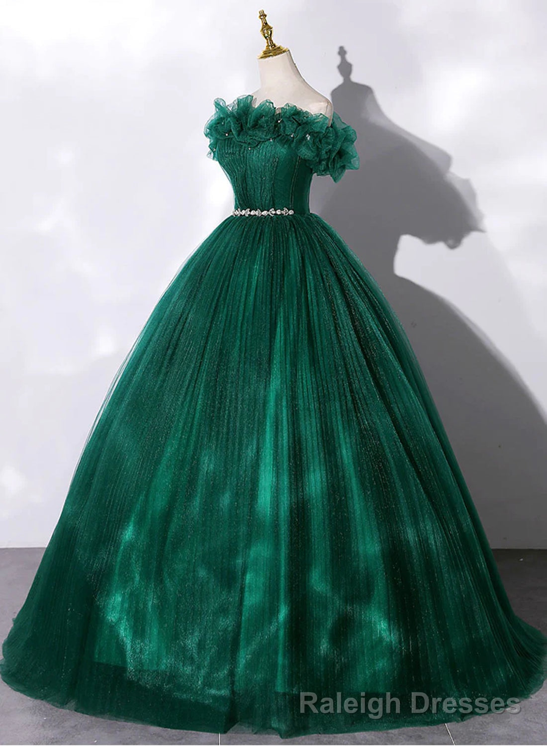 Green Tulle Beaded Waist Ball Gowns Sweet 16 Dress, Off Shoulder Green Prom Dress