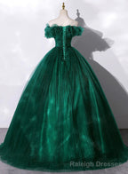Green Tulle Beaded Waist Ball Gown Sweet 16 Dress, Off Shoulder Green Prom Dress