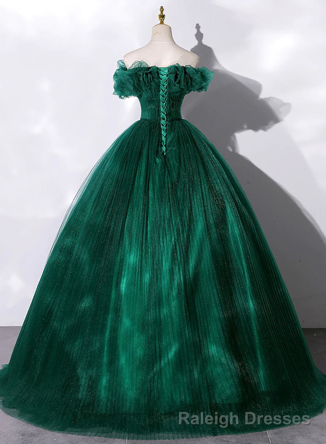Green Tulle Beaded Waist Ball Gown Sweet 16 Dress, Off Shoulder Green Prom Dress