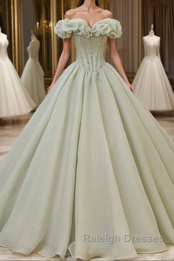 Green Tulle Beading Long Prom Dresses, Green Formal Graduation Dresses Main image