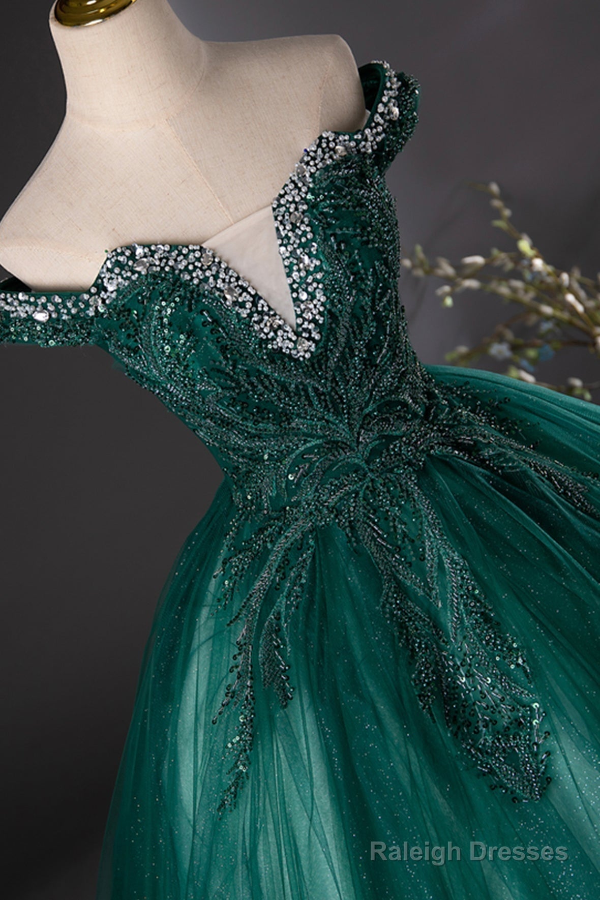 Green Tulle Beads Long Prom Dress, Elegant Off Shoulder Party Formal Dress