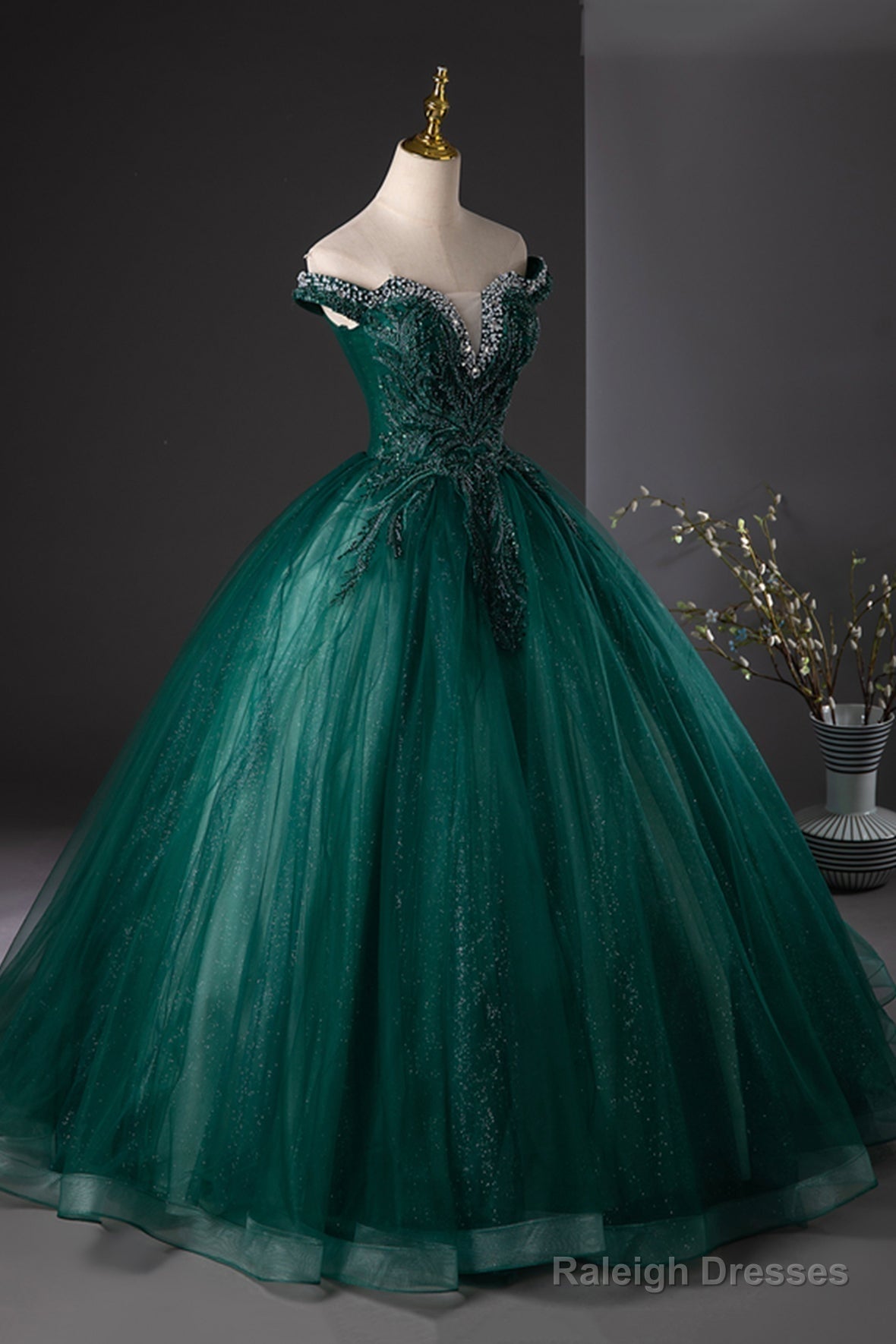 Green Tulle Beads Long Prom Dress, Elegant Off Shoulder Party Formal Dress
