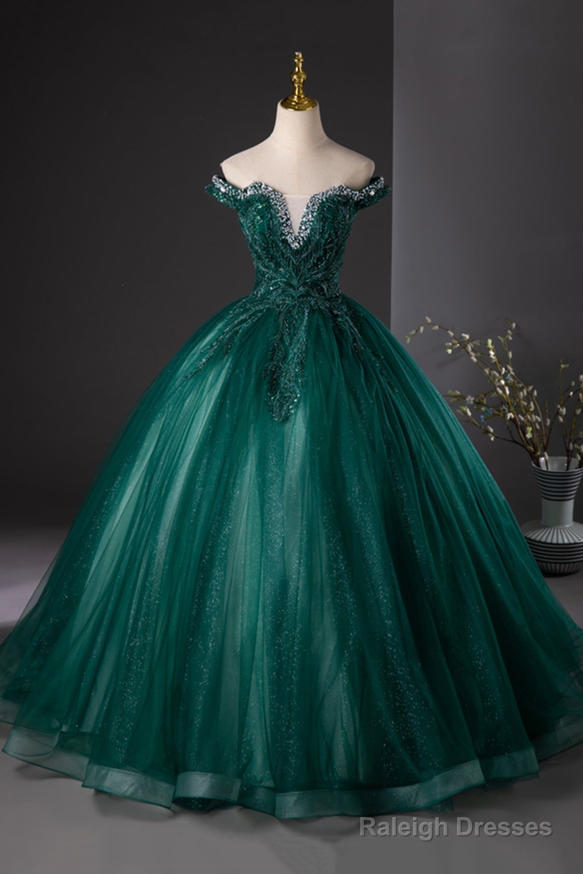 Green Tulle Beads Long Prom Dress, Elegant Off Shoulder Party Formal Dress