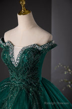 Green Tulle Beads Long Prom Dress, Elegant Off Shoulder Party Formal Dress