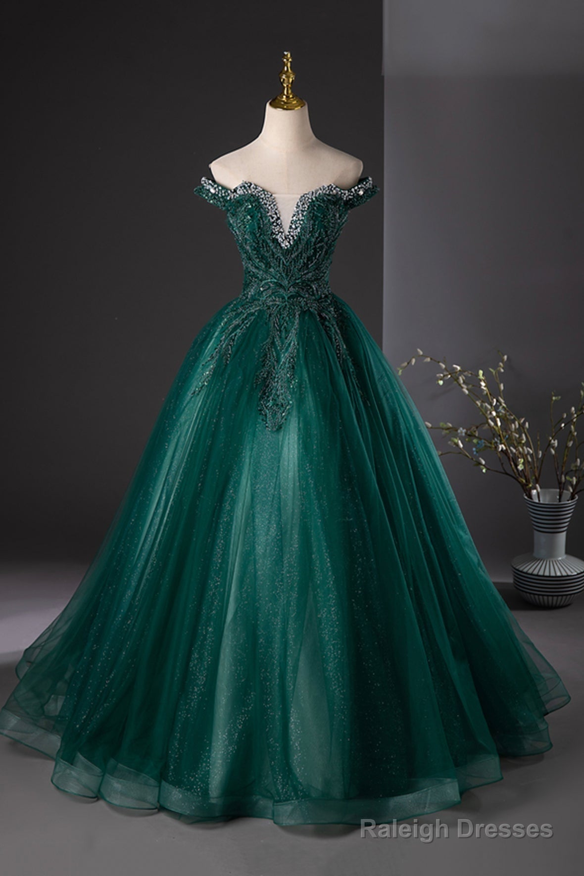 Green Tulle Beads Long Prom Dress, Elegant Off Shoulder Party Formal Dress Main image