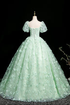 Green Tulle Butterfly Long A-Line Prom Dresses Beautiful Short Sleeve Prom Dresses