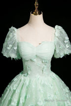 Green Tulle Butterfly Long A-Line Prom Dresses Beautiful Short Sleeve Prom Dresses