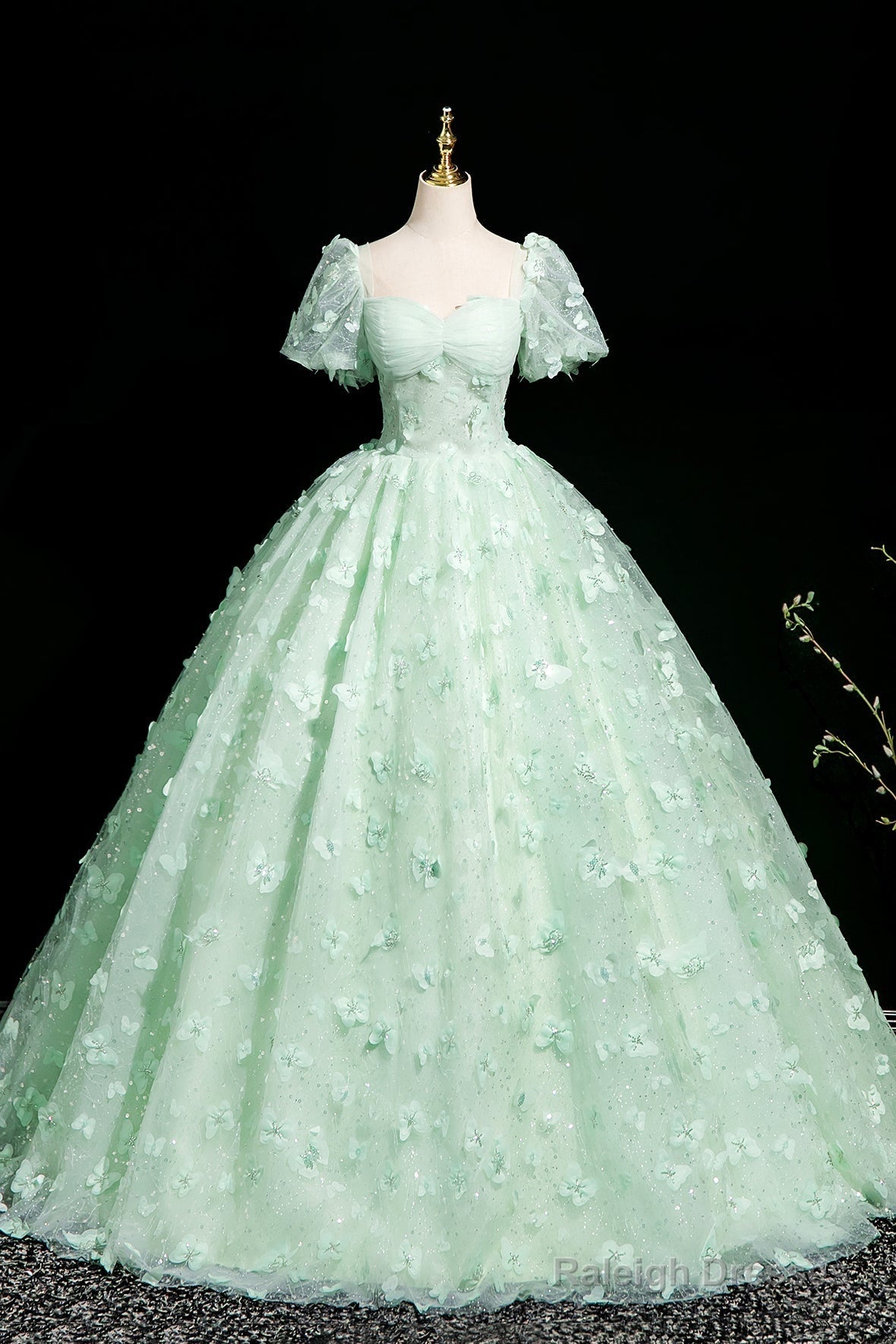 Green Tulle Butterfly Long A-Line Prom Dress, Beautiful Short Sleeve Evening Dress Main image