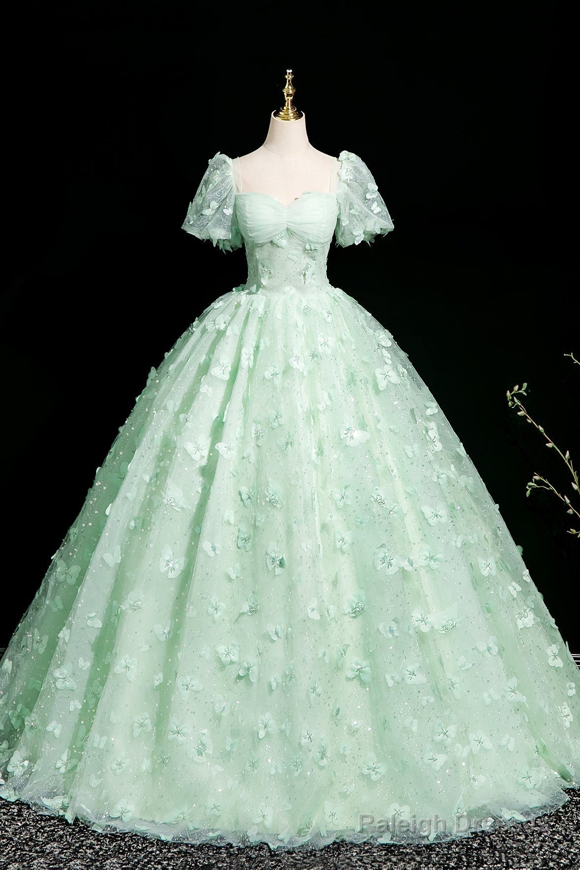 Green Tulle Butterfly Long A-Line Prom Dresses Beautiful Short Sleeve Prom Dresses Main image