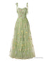 Green Tulle Embroidery Lace Straps Prom Dress