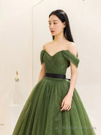 Green Tulle Floor Length Prom Dress, Lovely Off The Shoulder Evening Party Dress