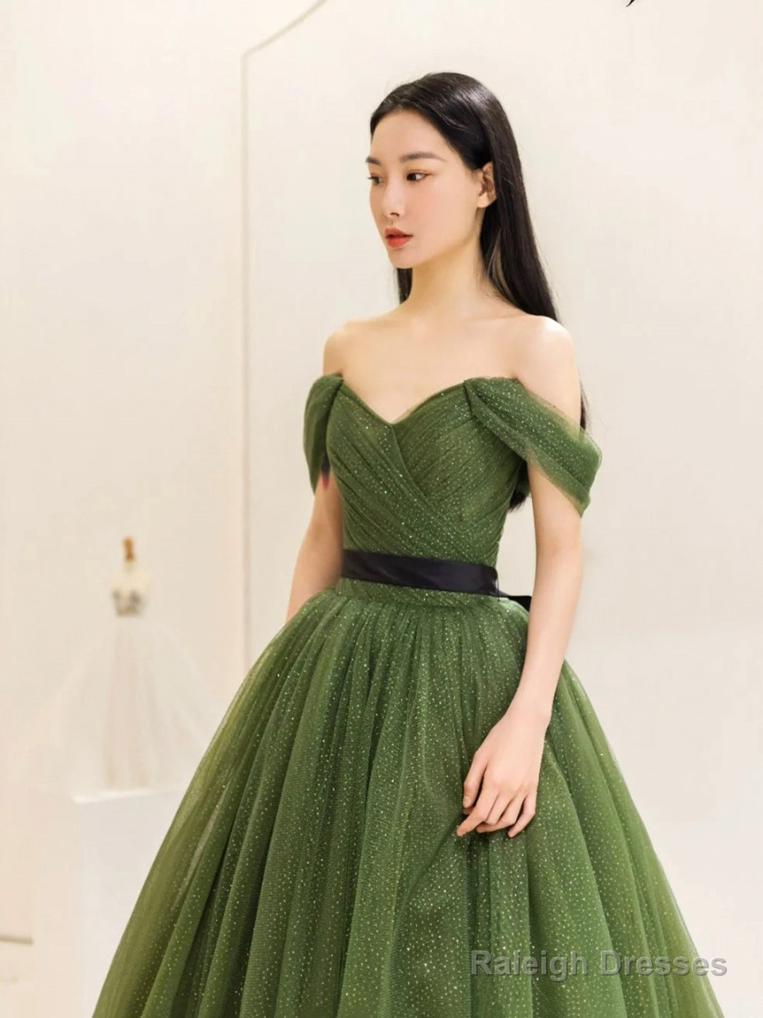 Green Tulle Floor Length Prom Dress, Lovely Off The Shoulder Evening Party Dress