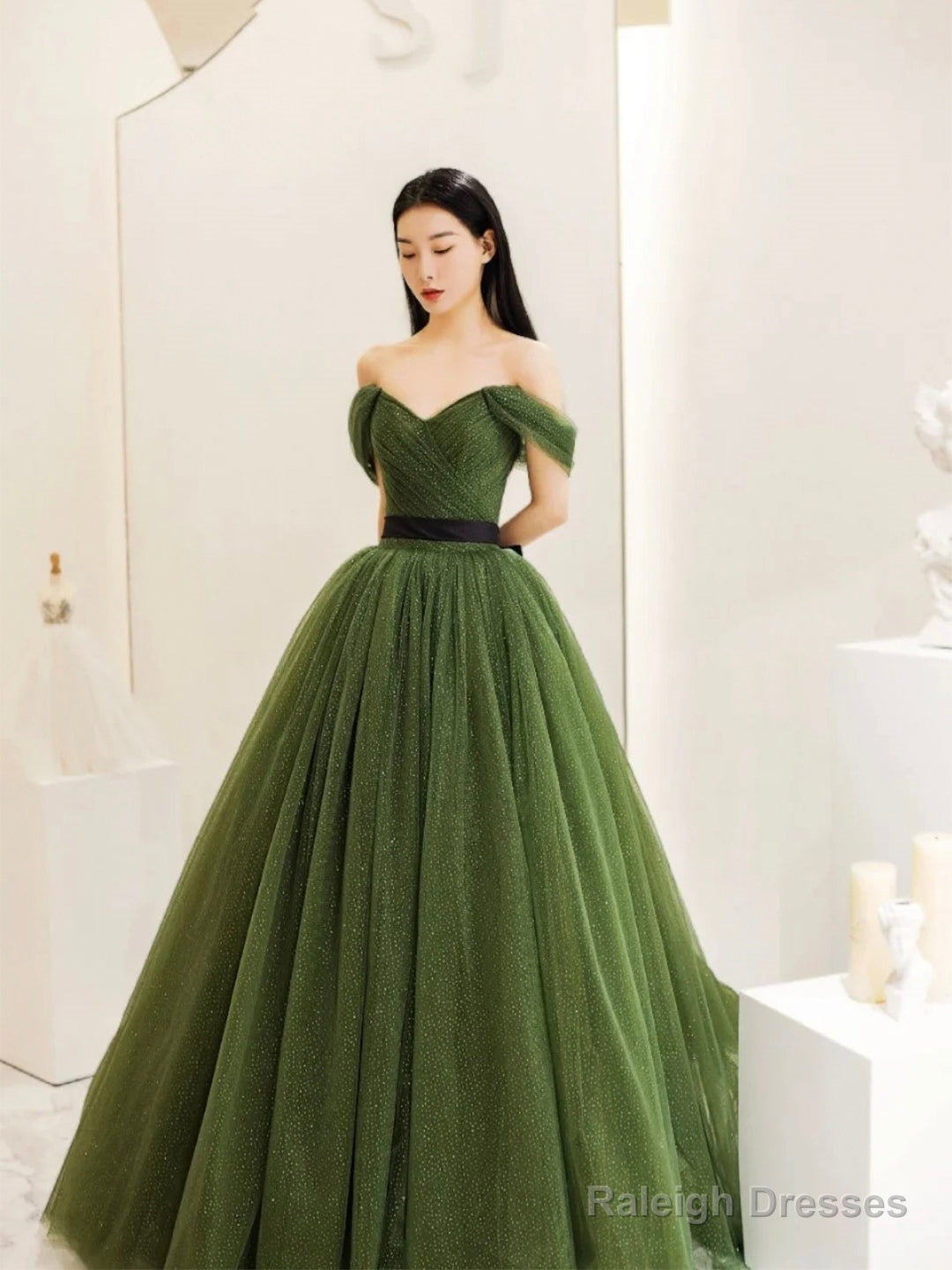 Green Tulle Floor Length Prom Dress, Lovely Off The Shoulder Evening Party Dress