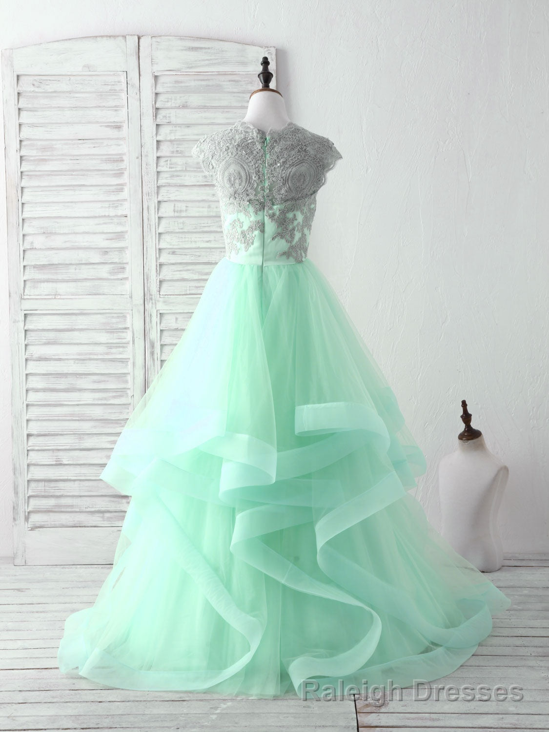 Green Tulle Lace Applique Long Prom Dress Blue Tulle Sweet 16 Dress Secondary image