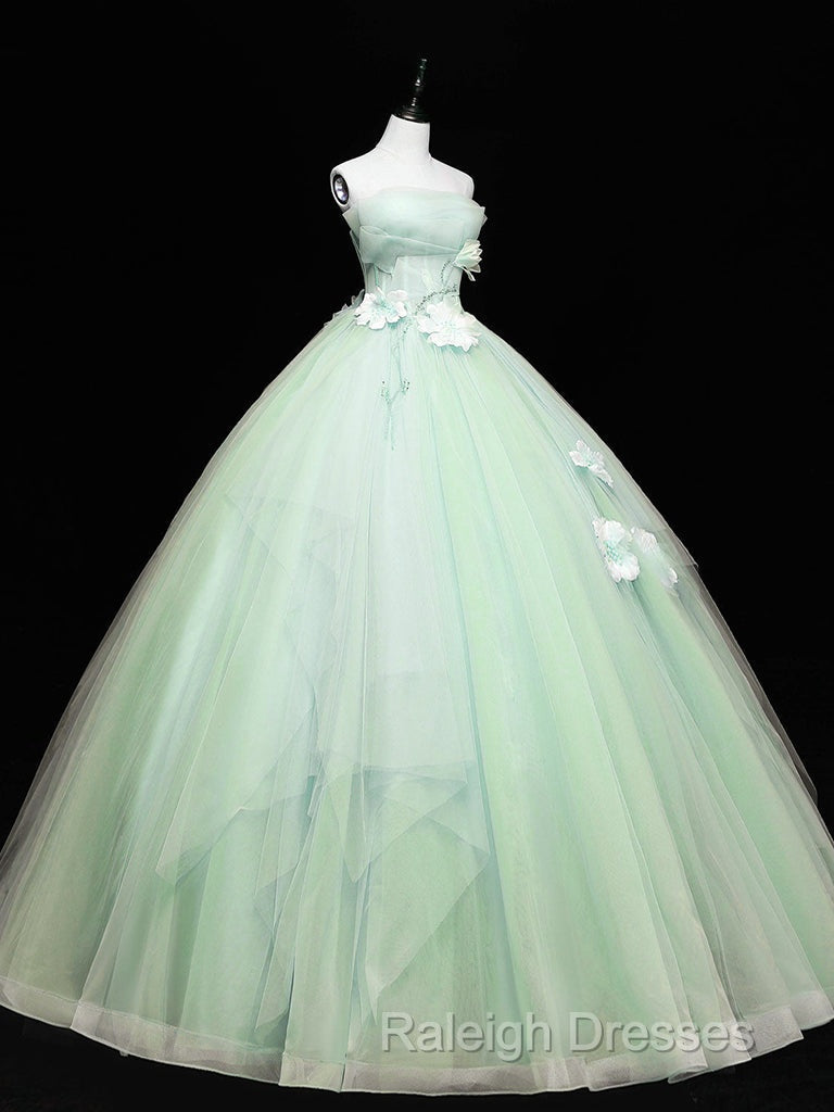 Green Tulle Lace Applique Long Prom Dresses, Green Sweet 16 Dresses Secondary image