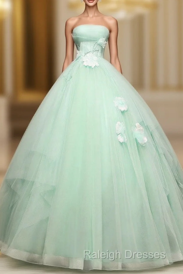 Green Tulle Lace Applique Long Prom Dresses, Green Sweet 16 Dresses Main image
