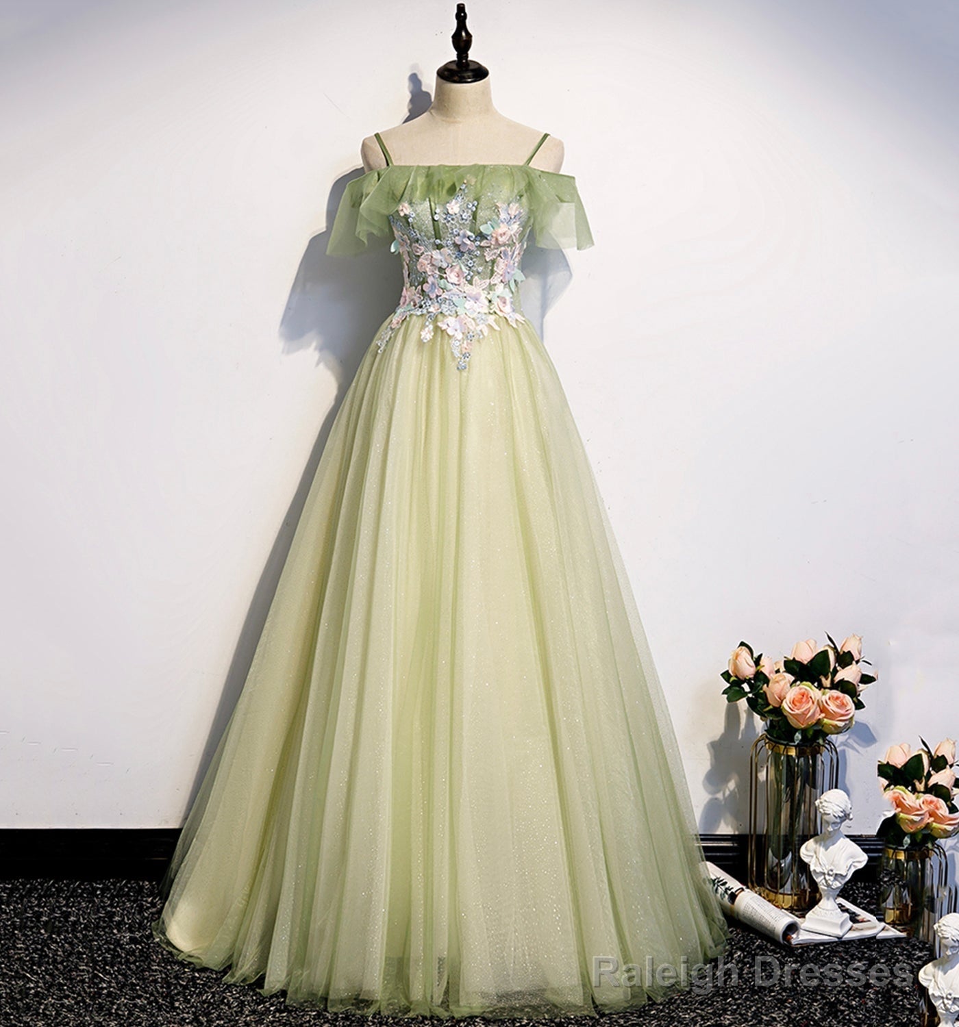 Green Tulle Lace Long A Line Prom Dress Evening Dress Main image
