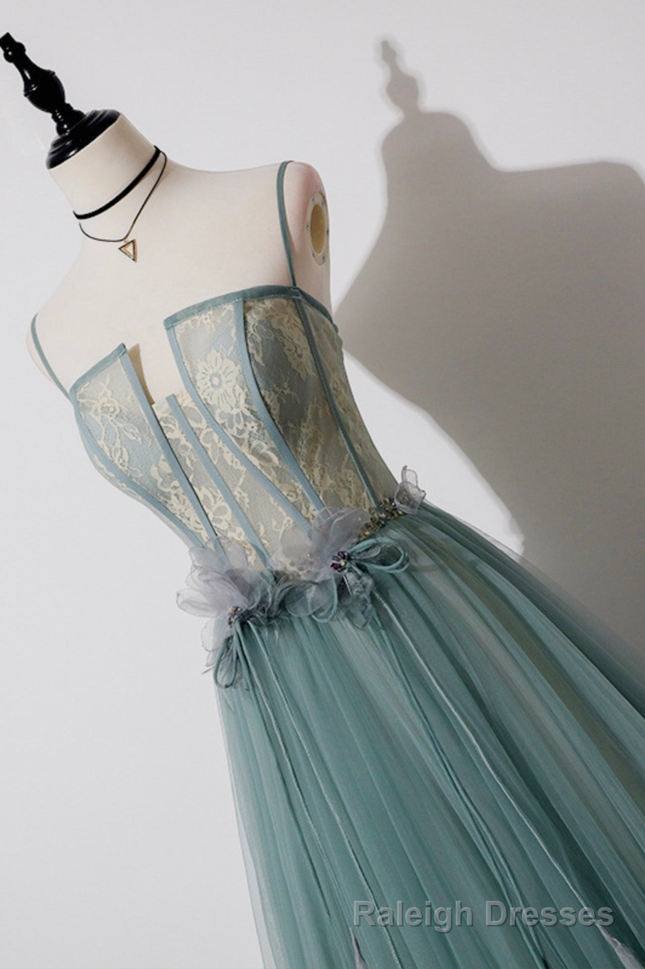 Green Tulle Lace Long A Line Prom Dress, Spaghetti Strap Prom Dress