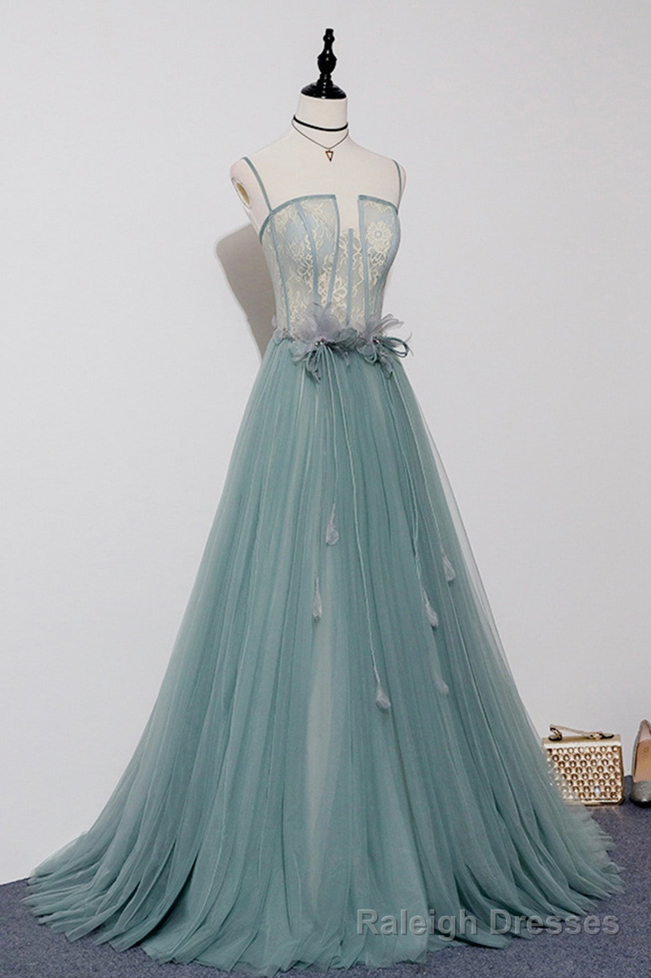 Green Tulle Lace Long A-Line Prom Dress, Spaghetti Strap Evening Dress Main image