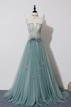 Green Tulle Lace Long A Line Prom Dress, Spaghetti Strap Prom Dress