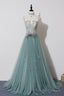 Green Tulle Lace Long A Line Prom Dress, Spaghetti Strap Prom Dress