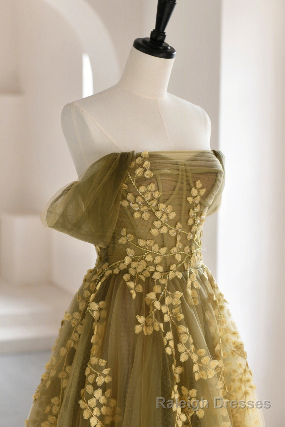 Green Tulle Lace Long Prom Dress, A Line Off the Shoulder Prom Dress