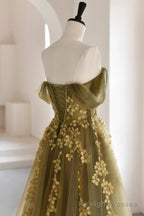 Green Tulle Lace Long Prom Dress, A-Line Off the Shoulder Evening Dress