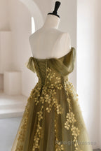 Green Tulle Lace Long Prom Dress, A Line Off the Shoulder Prom Dress