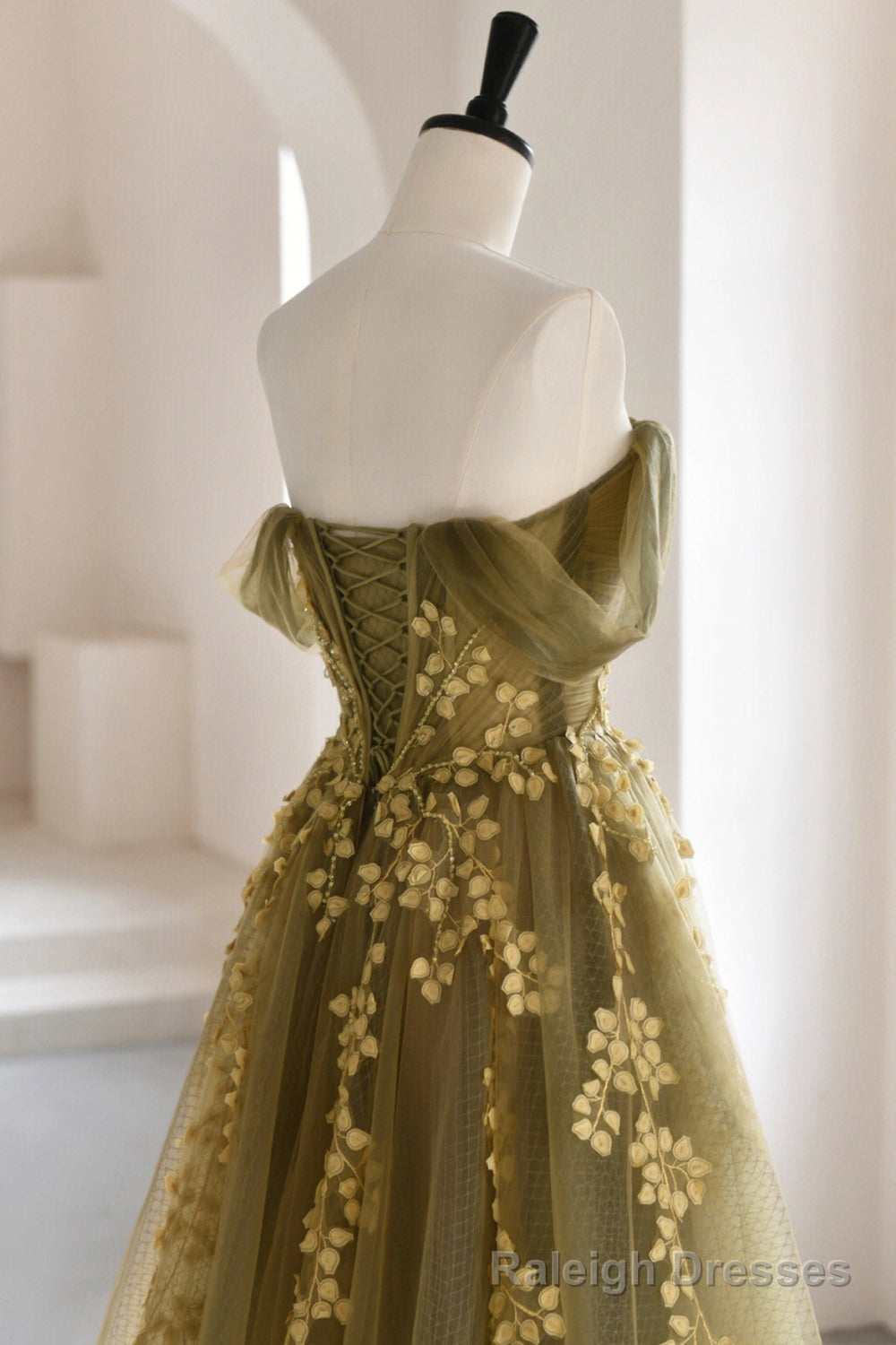 Green Tulle Lace Long Prom Dress, A Line Off the Shoulder Prom Dress