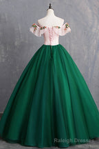 Green Tulle Lace Long Prom Dress, Cute Off Shoulder Evening Dress Party Dress