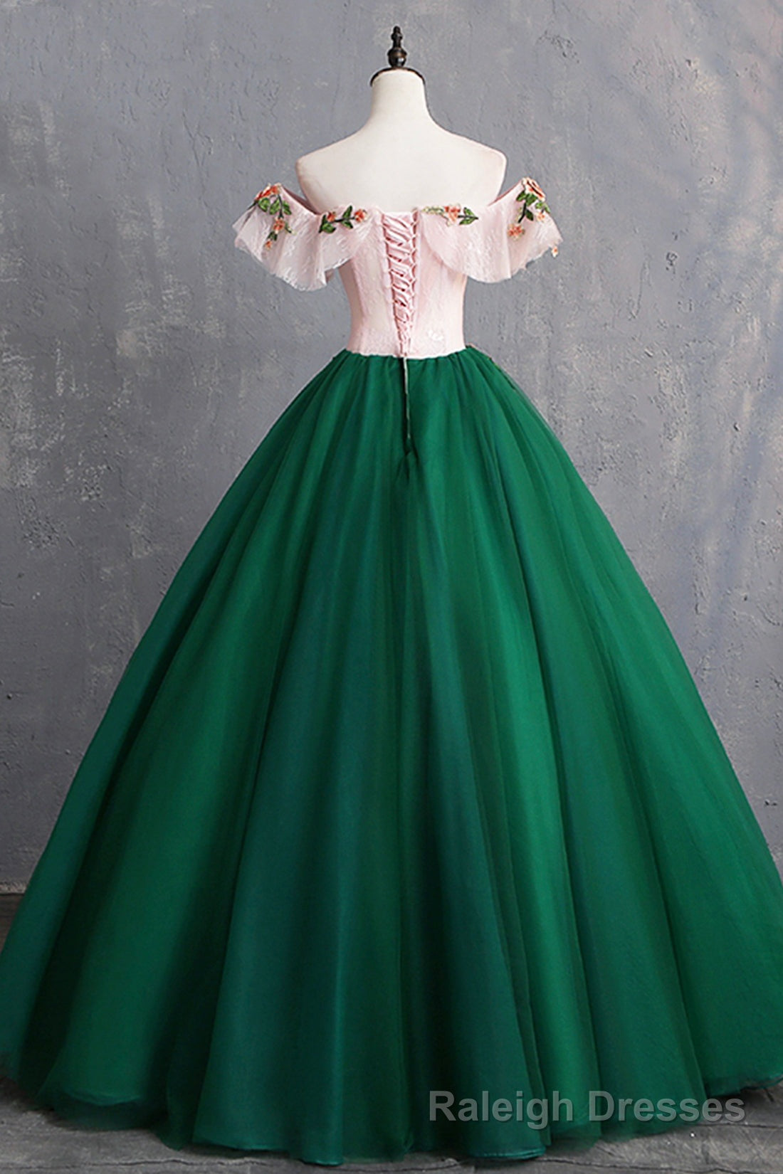 Green Tulle Lace Long Prom Dress, Cute Off Shoulder Evening Dress Party Dress