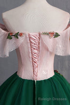 Green Tulle Lace Long Prom Dress, Cute Off Shoulder Prom Dress