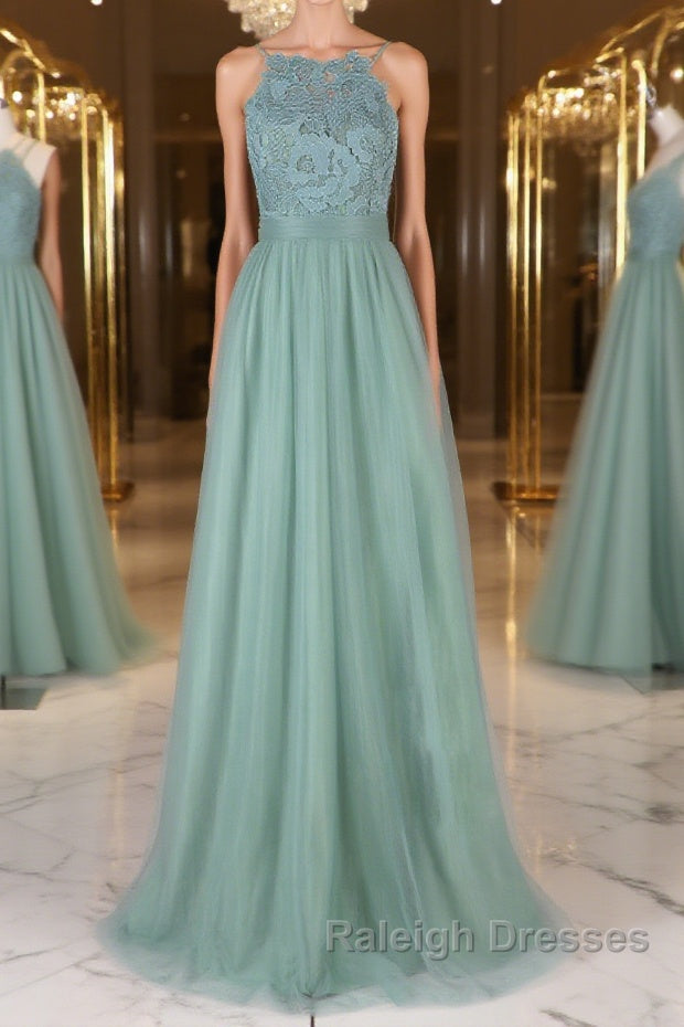 Green tulle lace long prom dress green lace evening dress Main image