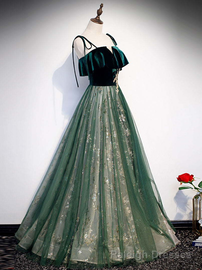 Green Tulle Lace Long Prom Dress, Green Tulle Formal Dress