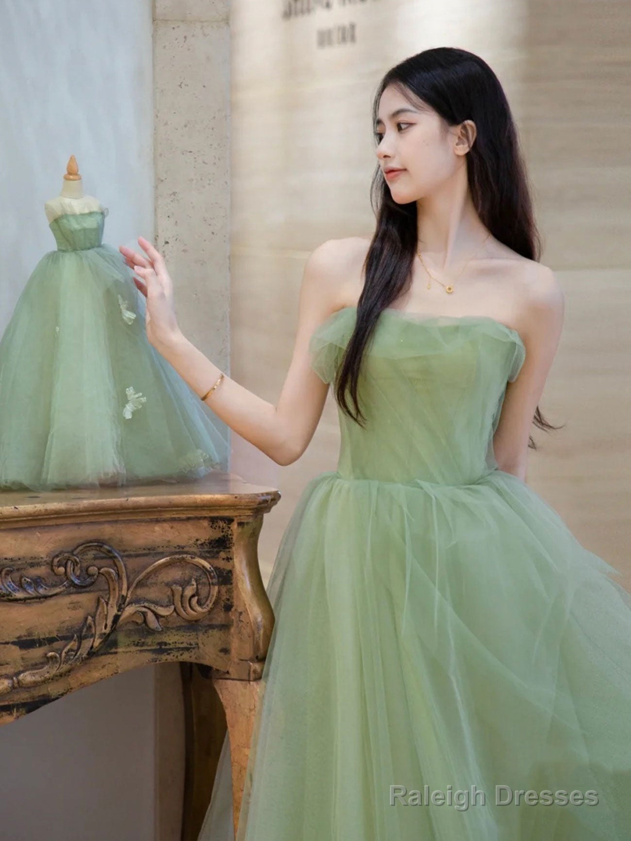 Green Tulle Lace Long Prom Dress Green Tulle Formal Evening Dress