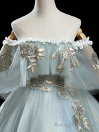 Green Tulle Lace Long Prom Dress, Green Tulle Lace Ball Gowns Sweet 16 Dress