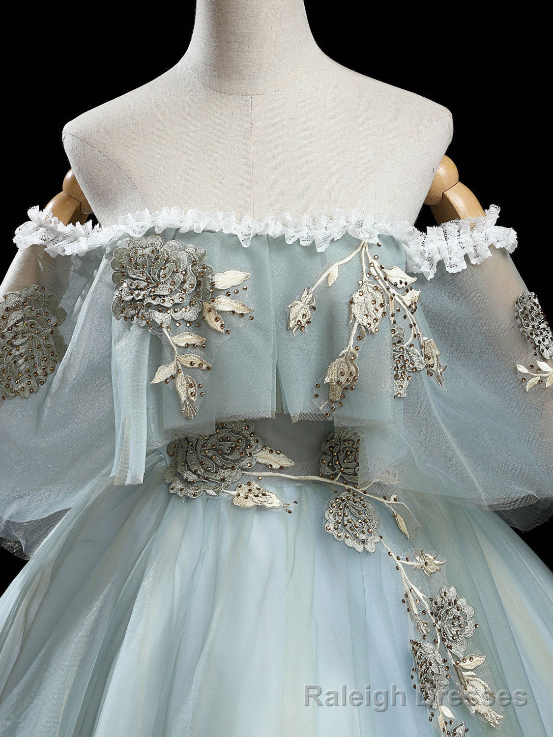 Green Tulle Lace Long Prom Dress, Green Tulle Lace Ball Gowns Sweet 16 Dress