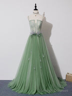 Green Tulle Lace Long Prom Dress, Green Tulle Long Formal Graduation Dress