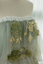 Green Tulle Lace Long Prom Dress, Off Shoulder Prom Formal Dress