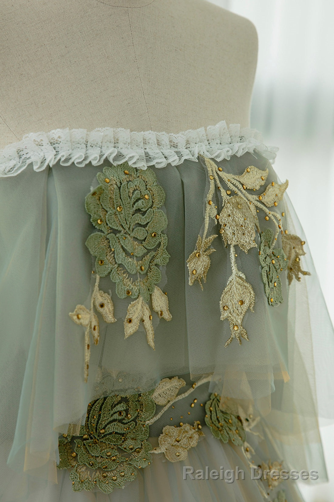 Green Tulle Lace Long Prom Dress, Off Shoulder Prom Formal Dress