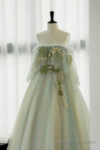 Green Tulle Lace Long Prom Dress, Off Shoulder Prom Formal Dress