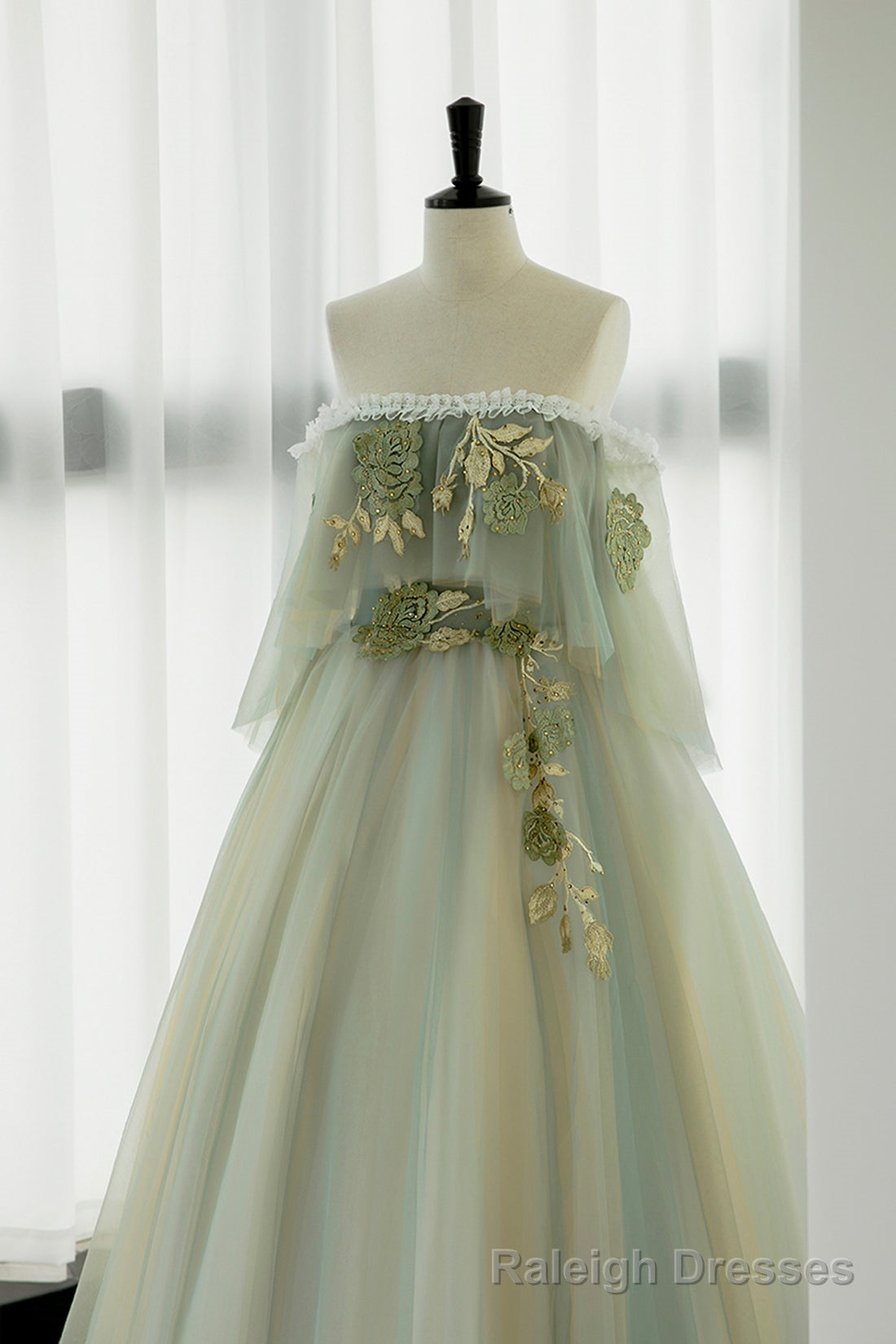 Green Tulle Lace Long Prom Dress, Off Shoulder Prom Formal Dress