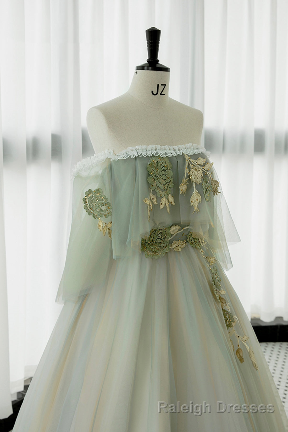 Green Tulle Lace Long Prom Dress, Off Shoulder Prom Formal Dress