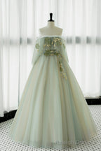 Green Tulle Lace Long Prom Dress, Off Shoulder Prom Formal Dress