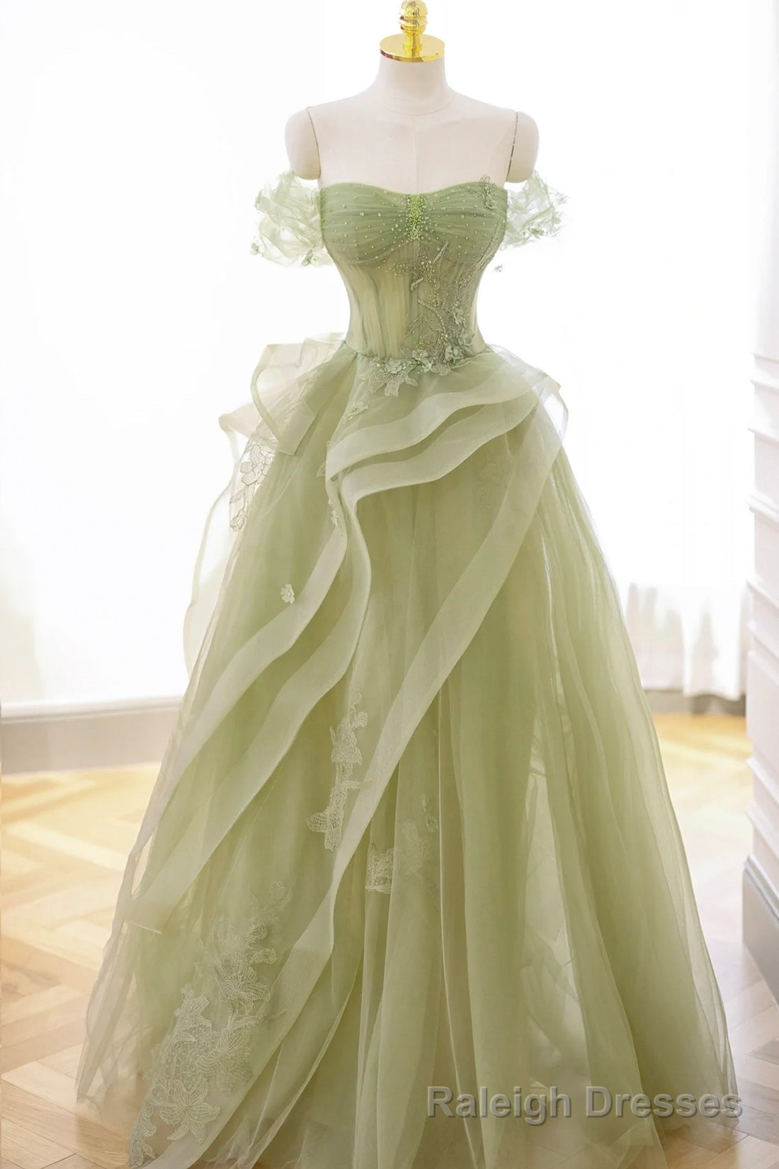 Green Tulle Lace Long Prom Dress with Corset, Green Formal Prom Dress