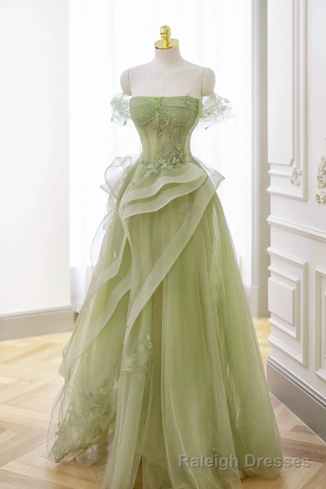 Green Tulle Lace Long Prom Dress with Corset, Green Formal Party Dress