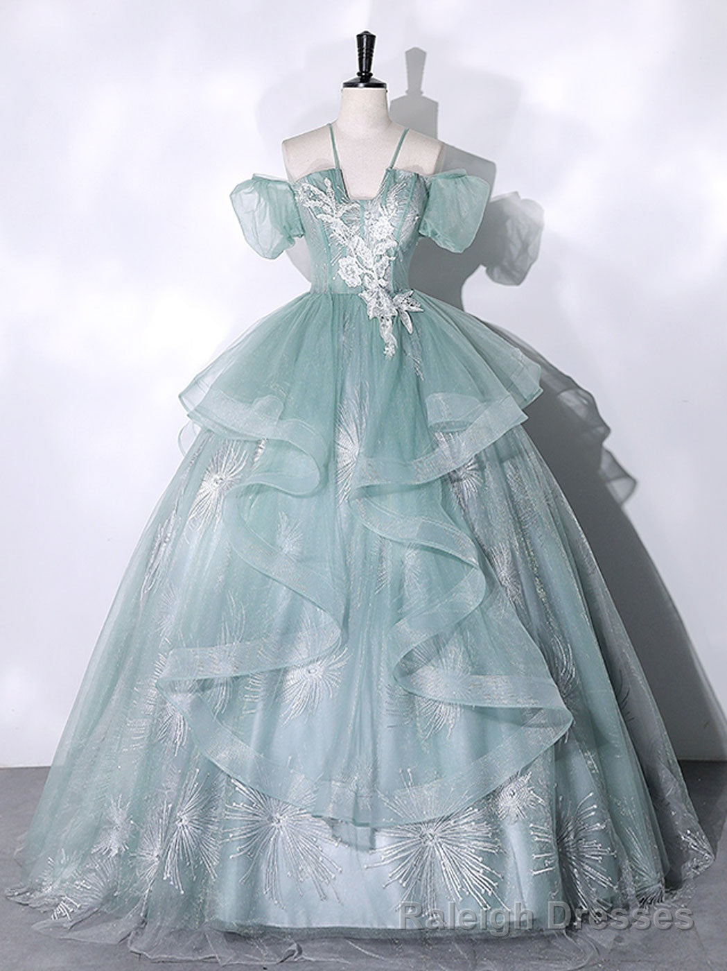 Green Tulle Lace Long Prom Dresses, Green Lace Long Sweet 16 Dress