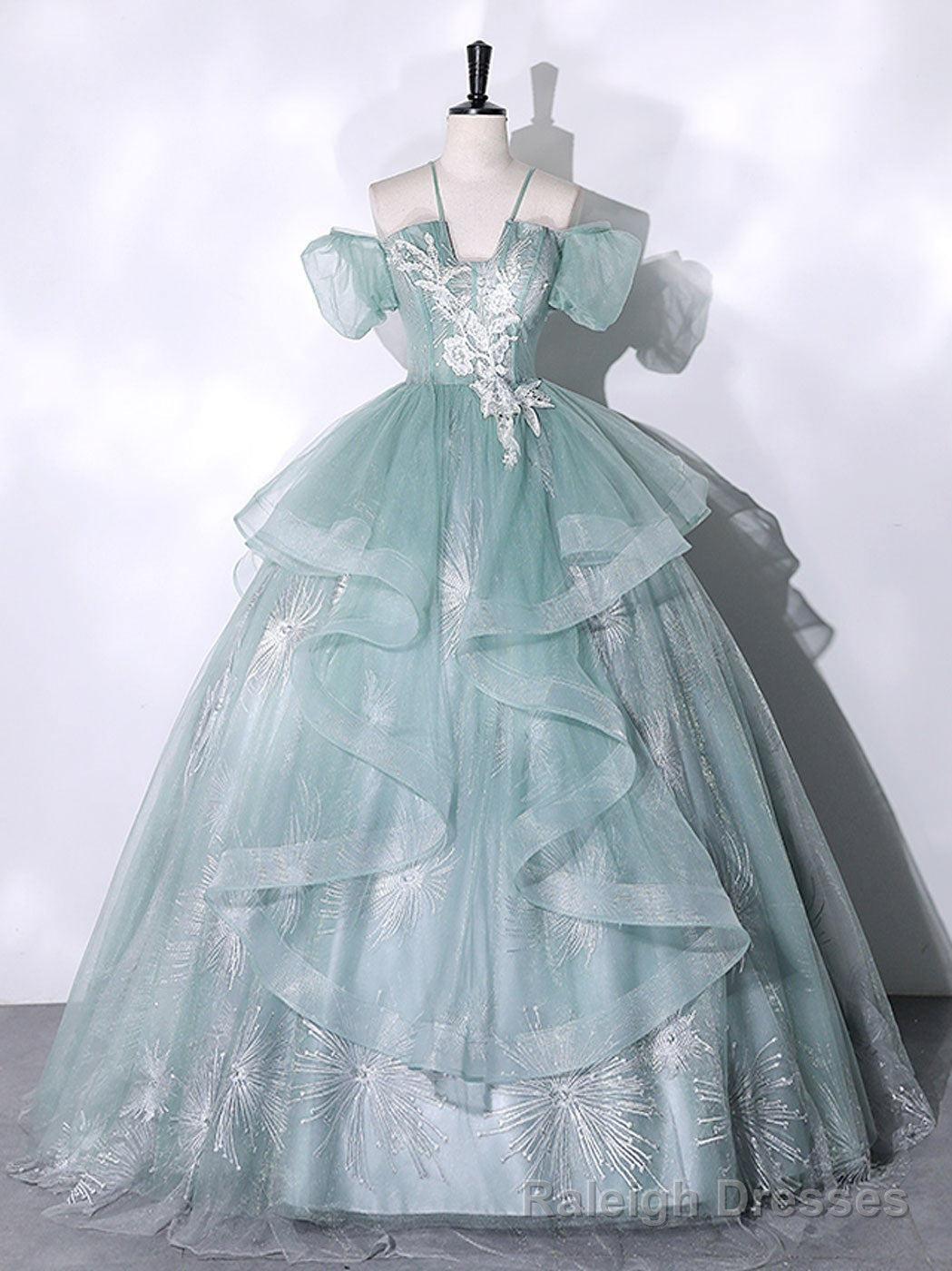 Green Tulle Lace Long Prom Dresses, Green Lace Long Sweet 16 Dress