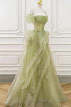 Green Tulle Lace Long Prom Dresses, Green Tulle Lace Formal Prom Dresses